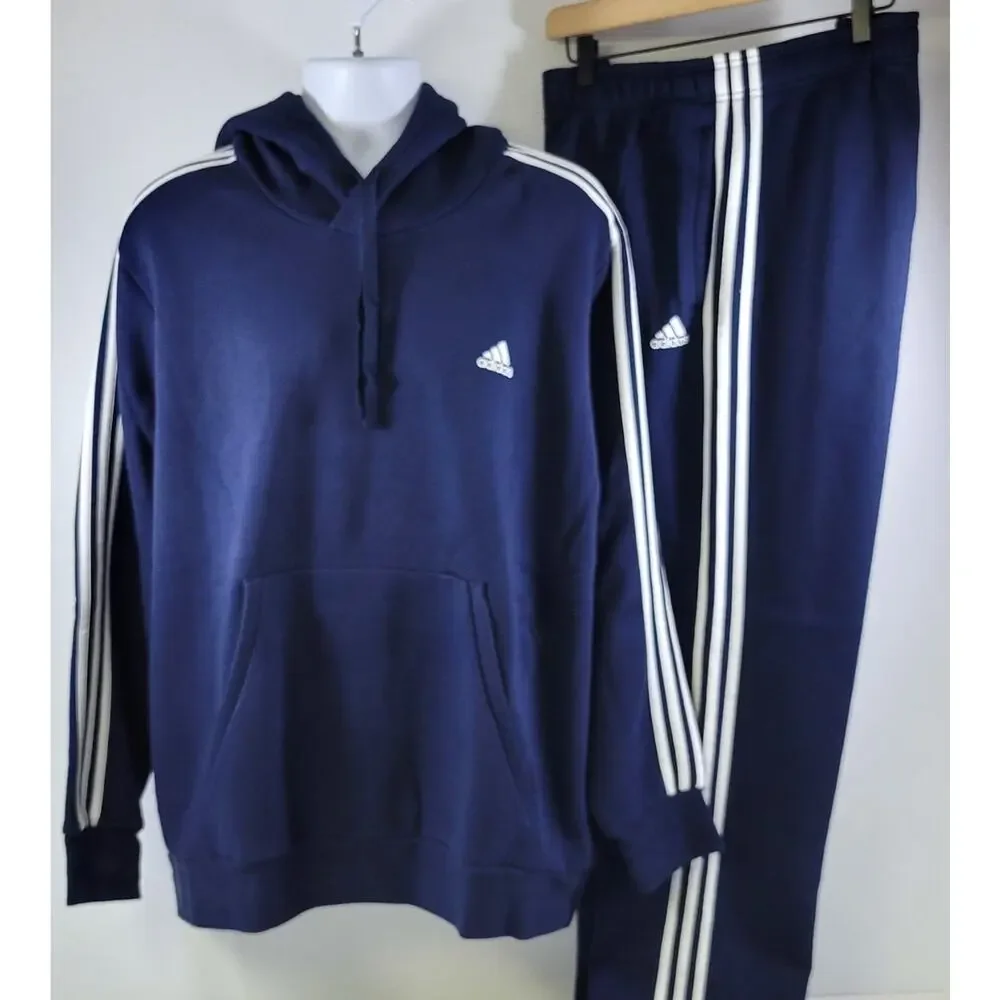I9) Adidas Sportswear Men Fleece Tracksuit Navy Blue Hooded Sweatshirt Pants 2XL